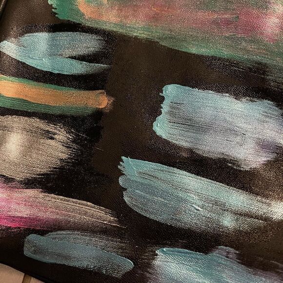 Small Dynamite Black Custom Hand-painted Paint Strip Faux Leather Mini Skirt - Picture 4 of 7